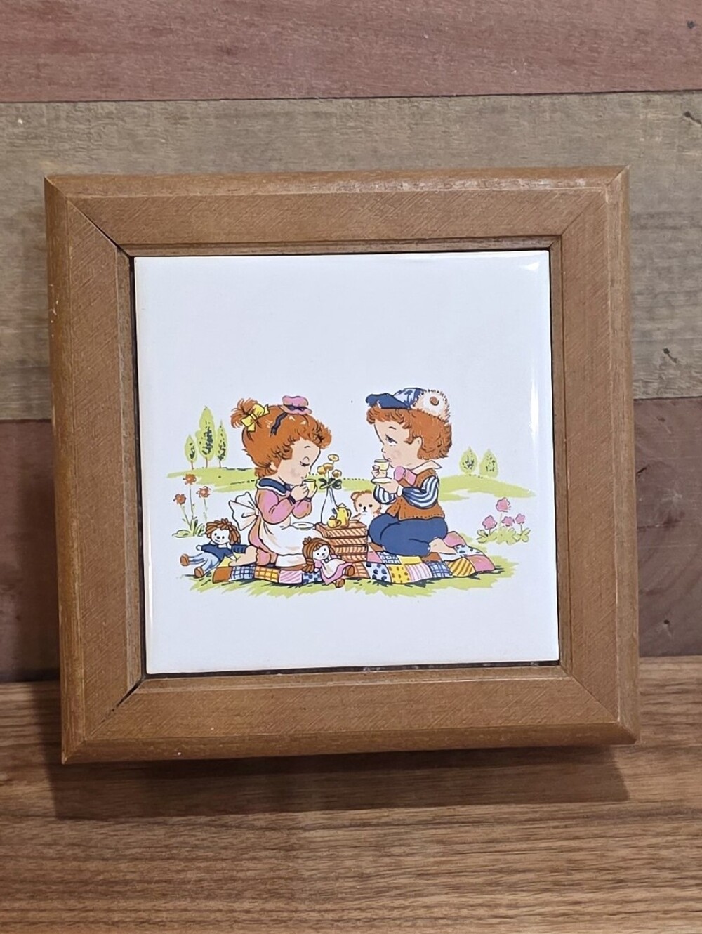 Cute Framed Jewelry Box  Featuring Children Picnicking - Natural Wood